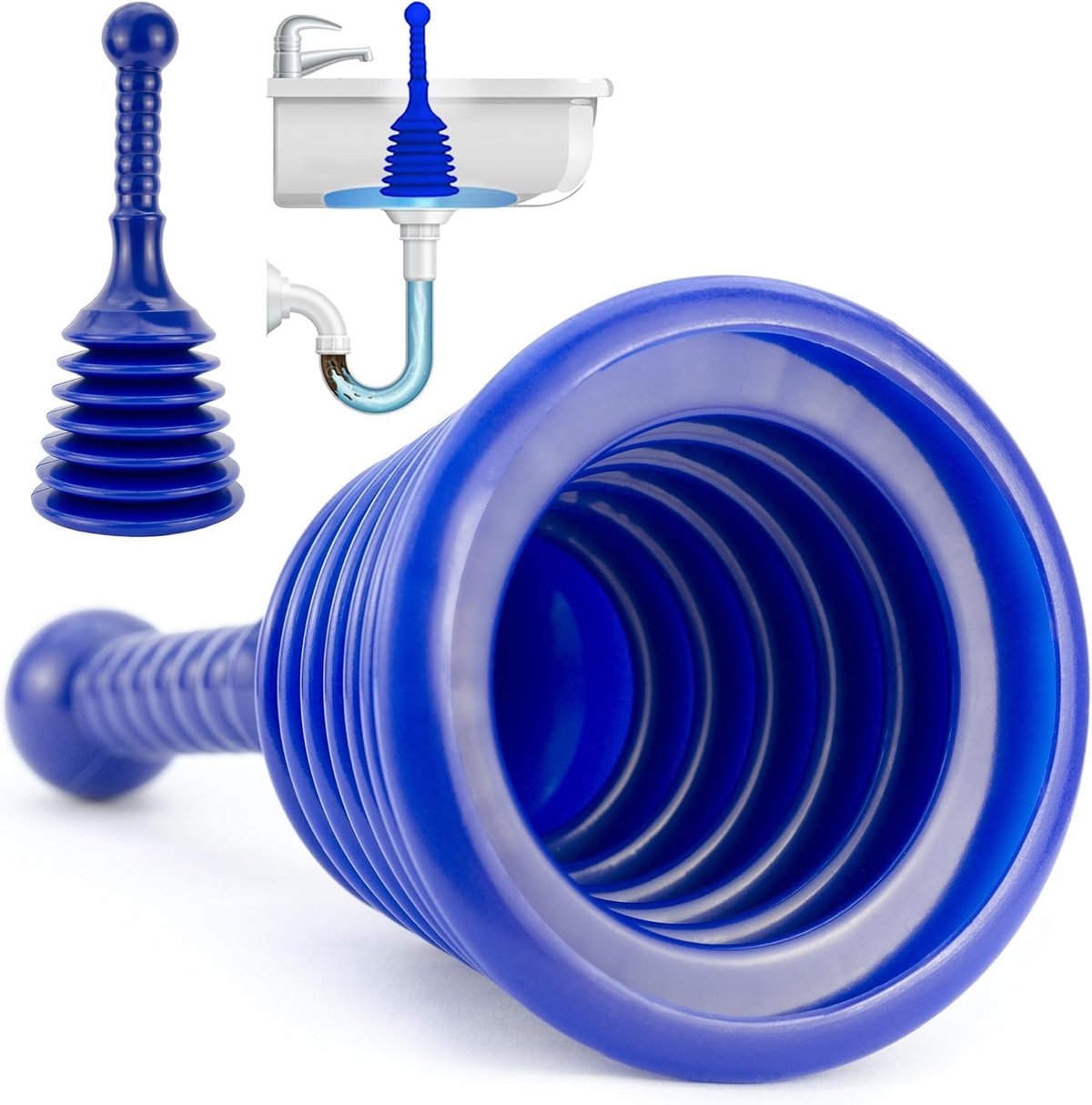 Blue bellows-style sink plunger with a large rubber cup and ribbed handle