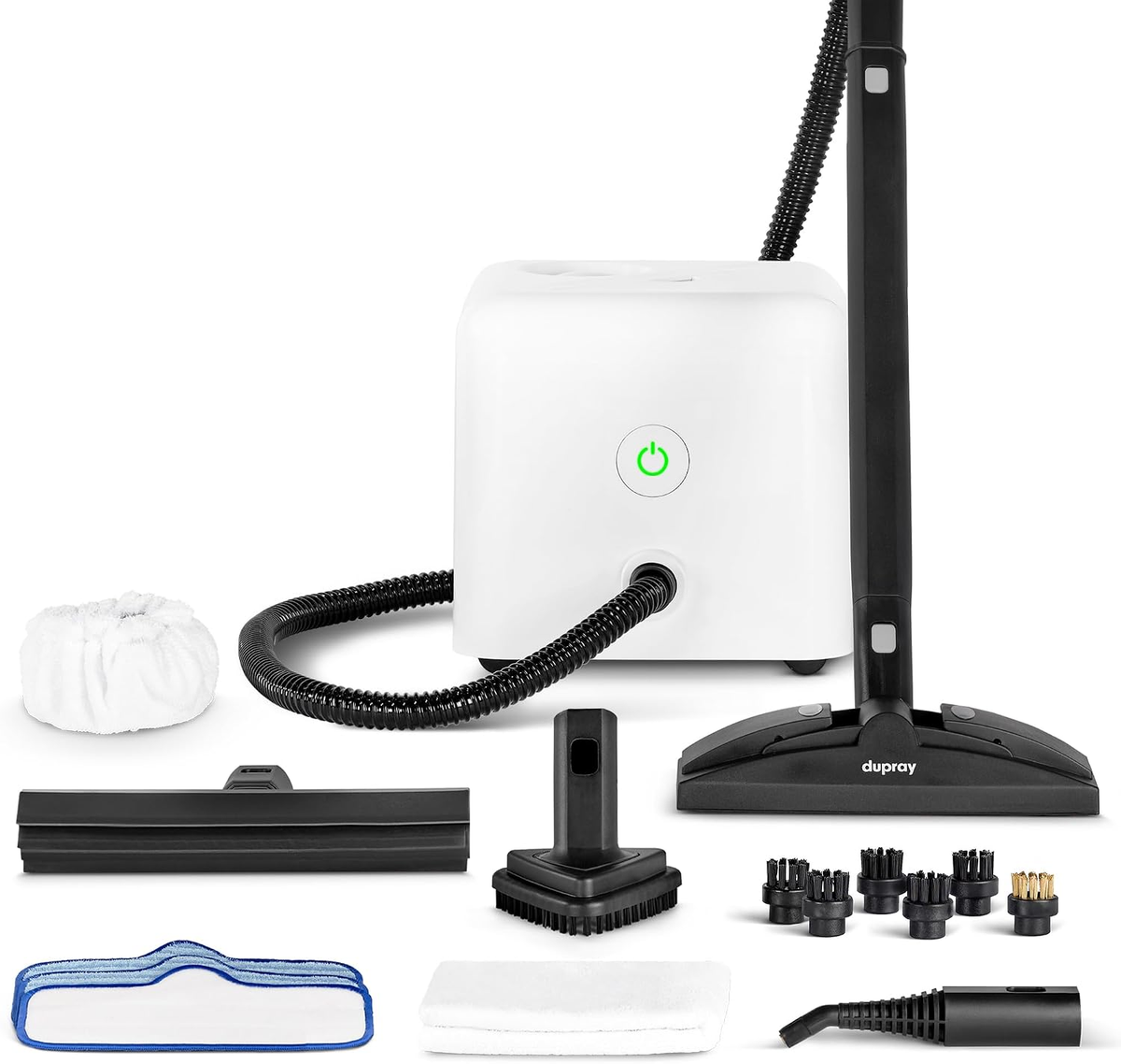Dupray Neat Steam Cleaner with 17 accessories including floor tool, small brushes, and cleaning pads on a white background