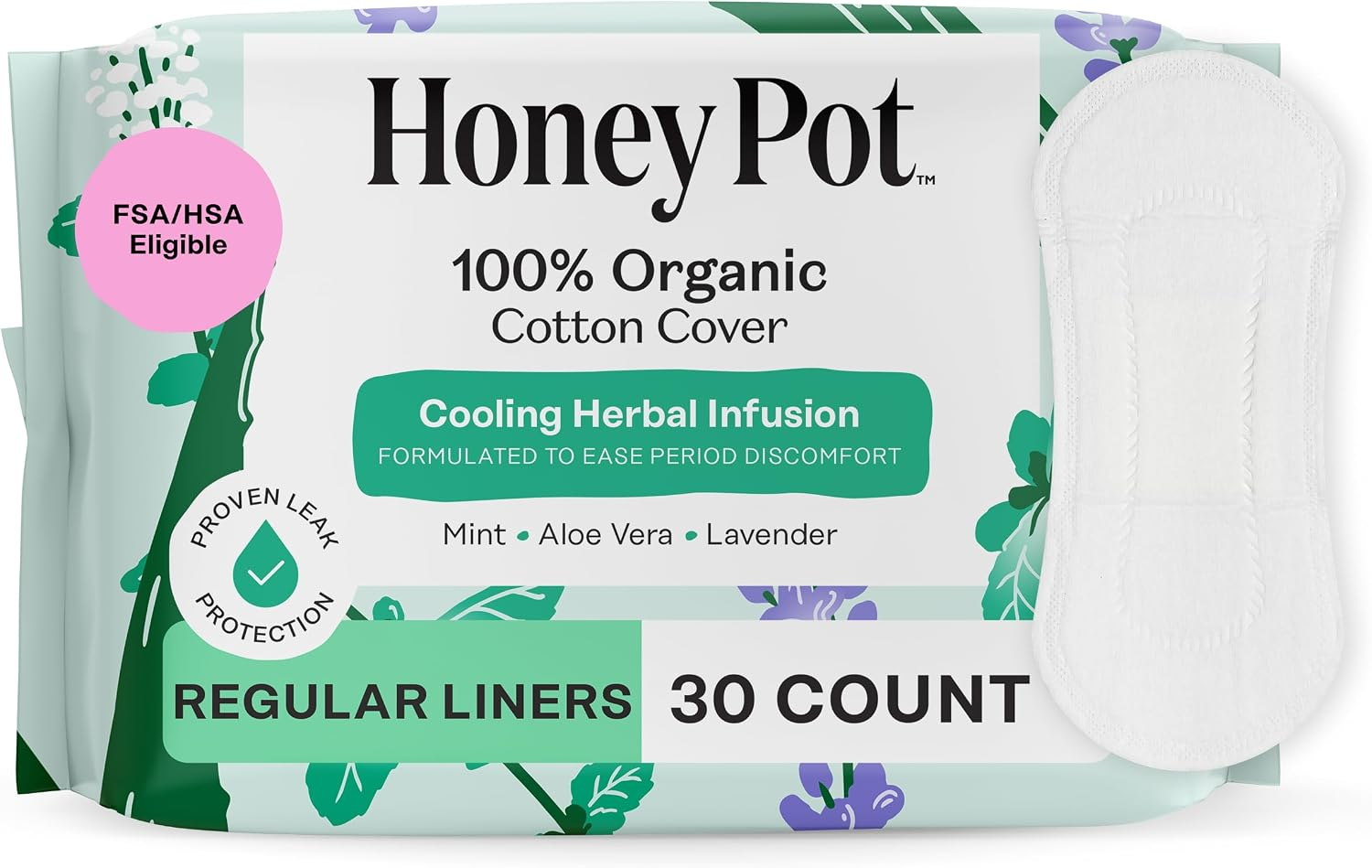 Honey Pot Herbal Everyday Panty Liners 100% Organic Cotton Cooling Herbal Infusion 30 Count