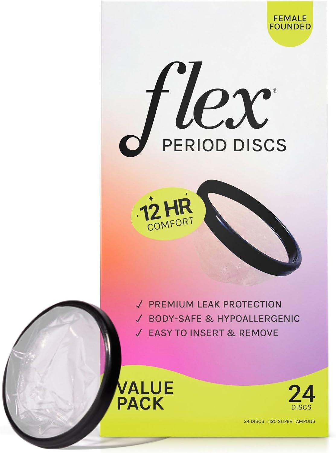 Flex Period Discs 24 count box with disc shown — body-safe, hypoallergenic, 12-hour comfort