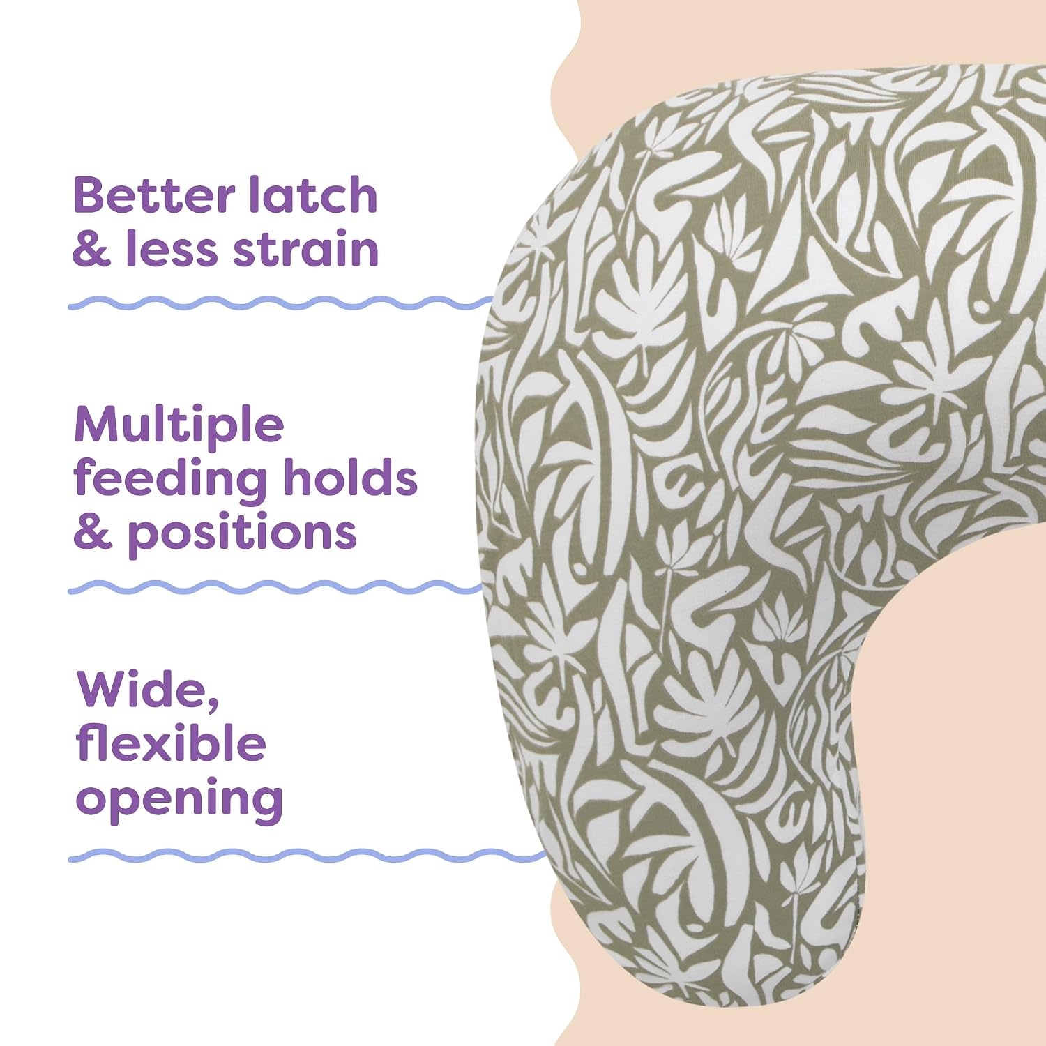 Boppy Nursing Pillow detail showing better latch support, multiple feeding holds, and wide flexible opening