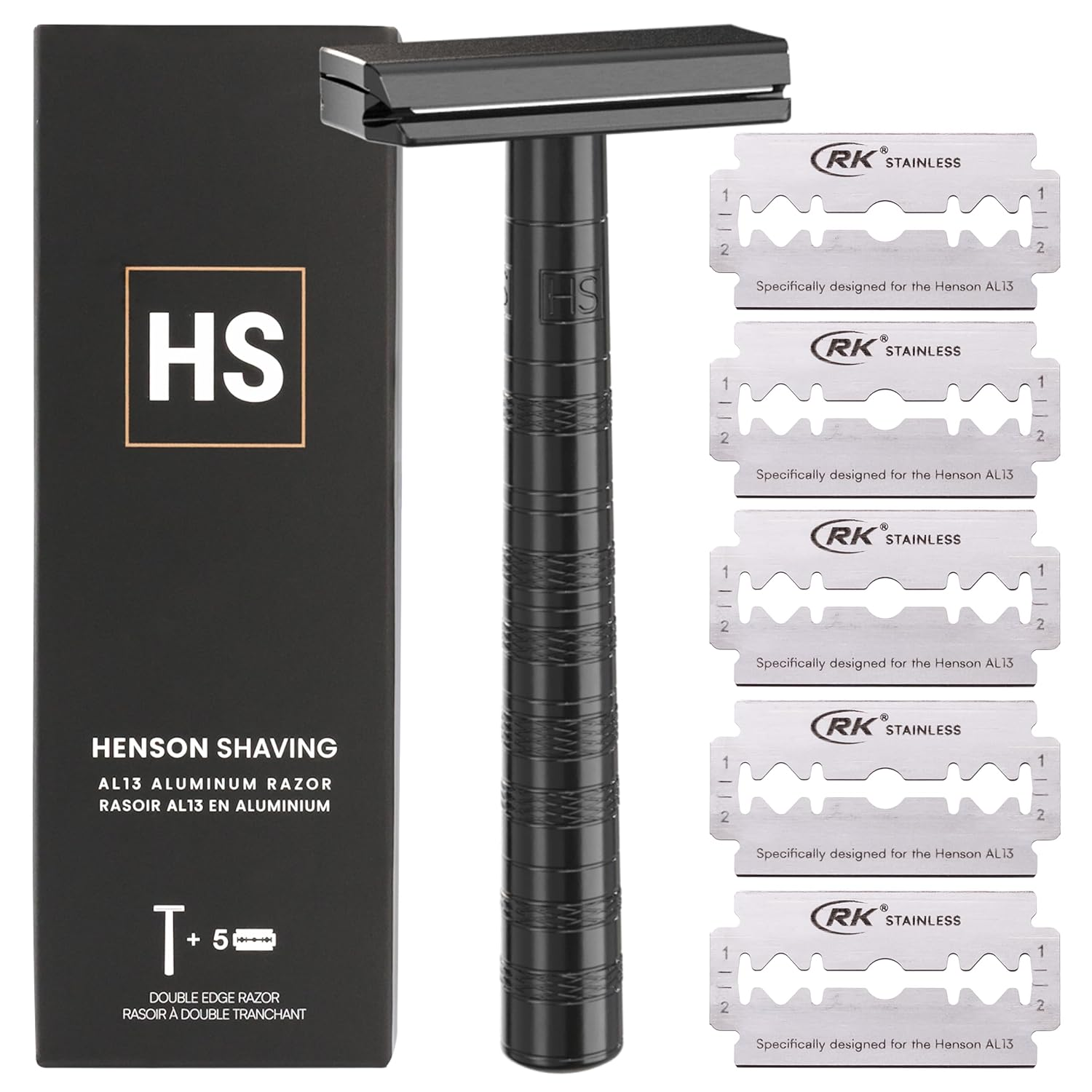Henson Shaving AL13 Jet Black double edge safety razor with matte black handle and 5 RK stainless steel spare blades, shown with black HS branded box on white background