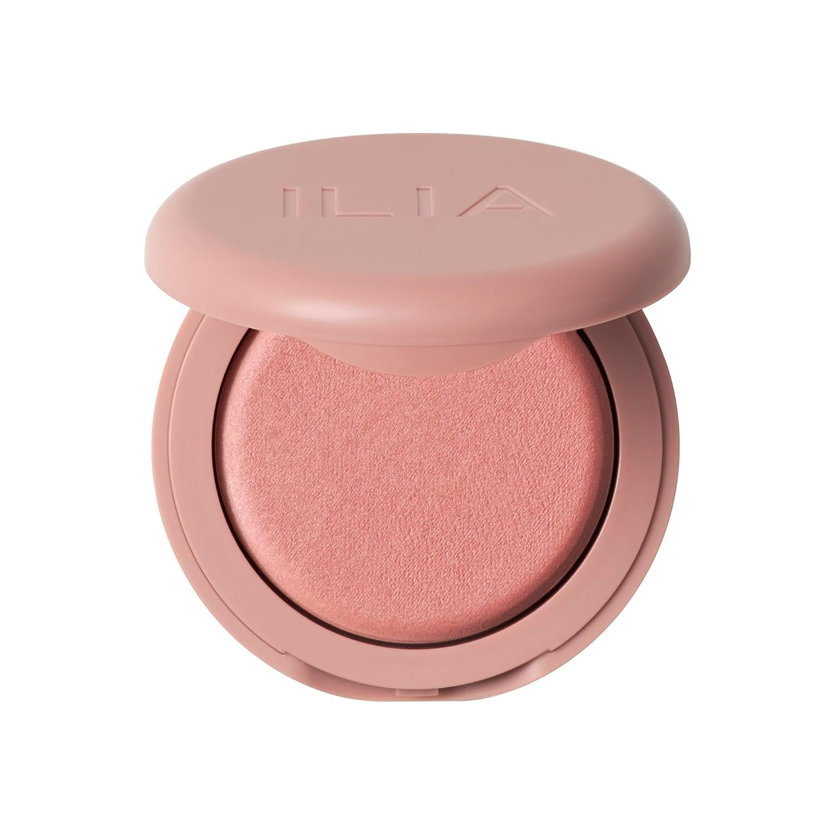 ILIA Soft Focus Blurring Blush in Flutter warm peach open compact on white background