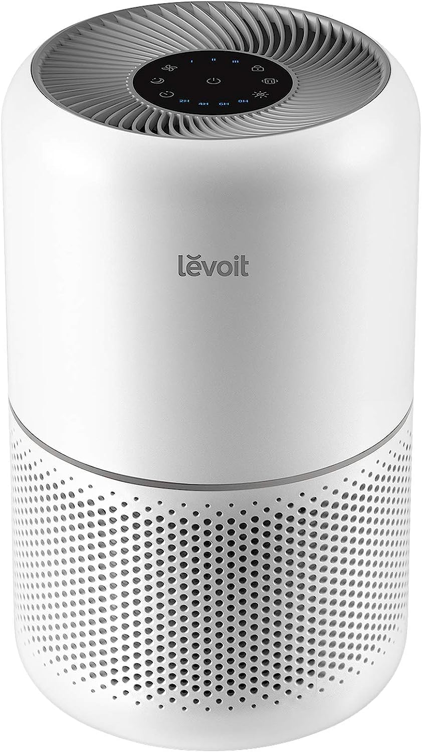 LEVOIT Core 300 Air Purifier in white – H13 True HEPA filter, compact cylindrical design with touch controls on top, removes 99.97% of dust smoke mold and pollen