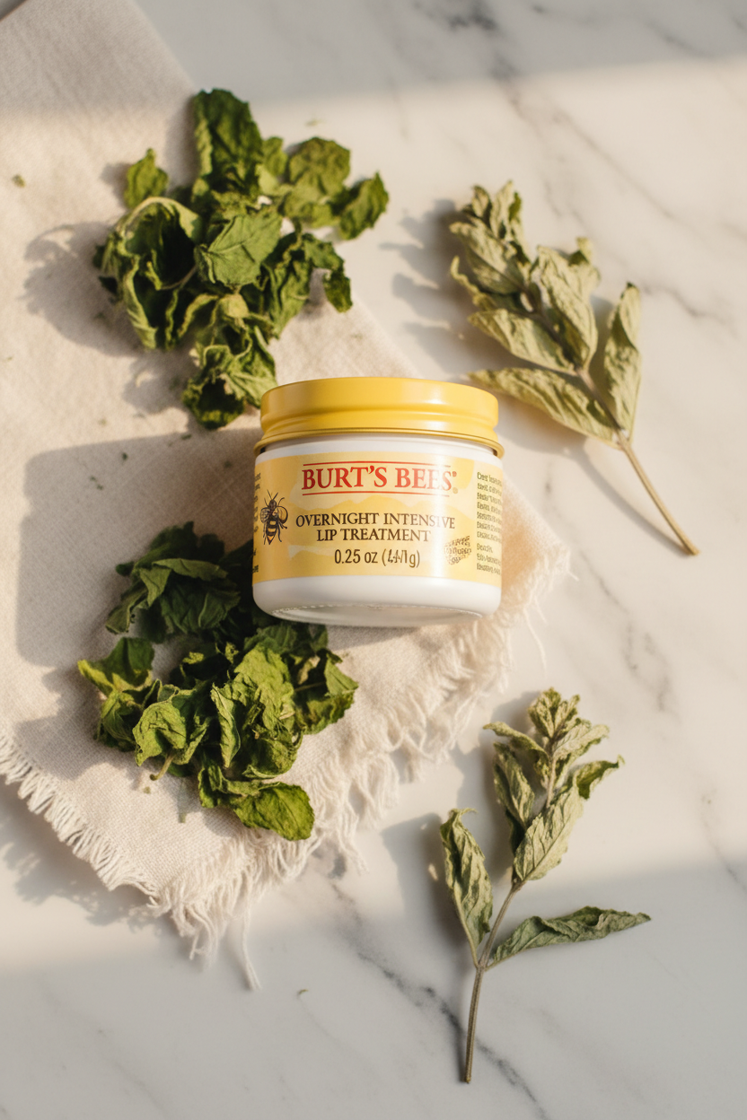 Burt's Bees Overnight Intensive Lip Treatment jar on marble surface with peppermint leaves