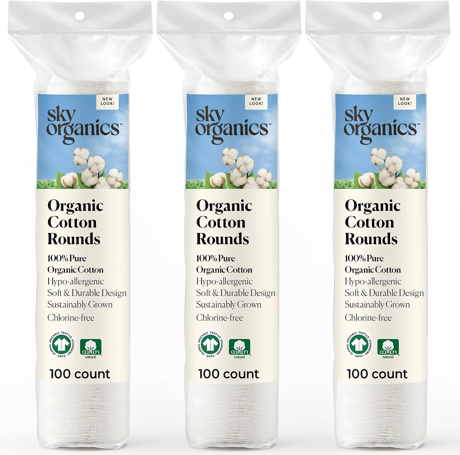 Sky Organics Organic Cotton Rounds 300ct — 3 pack of 100, GOTS-certified organic cotton, chlorine-free, hypoallergenic