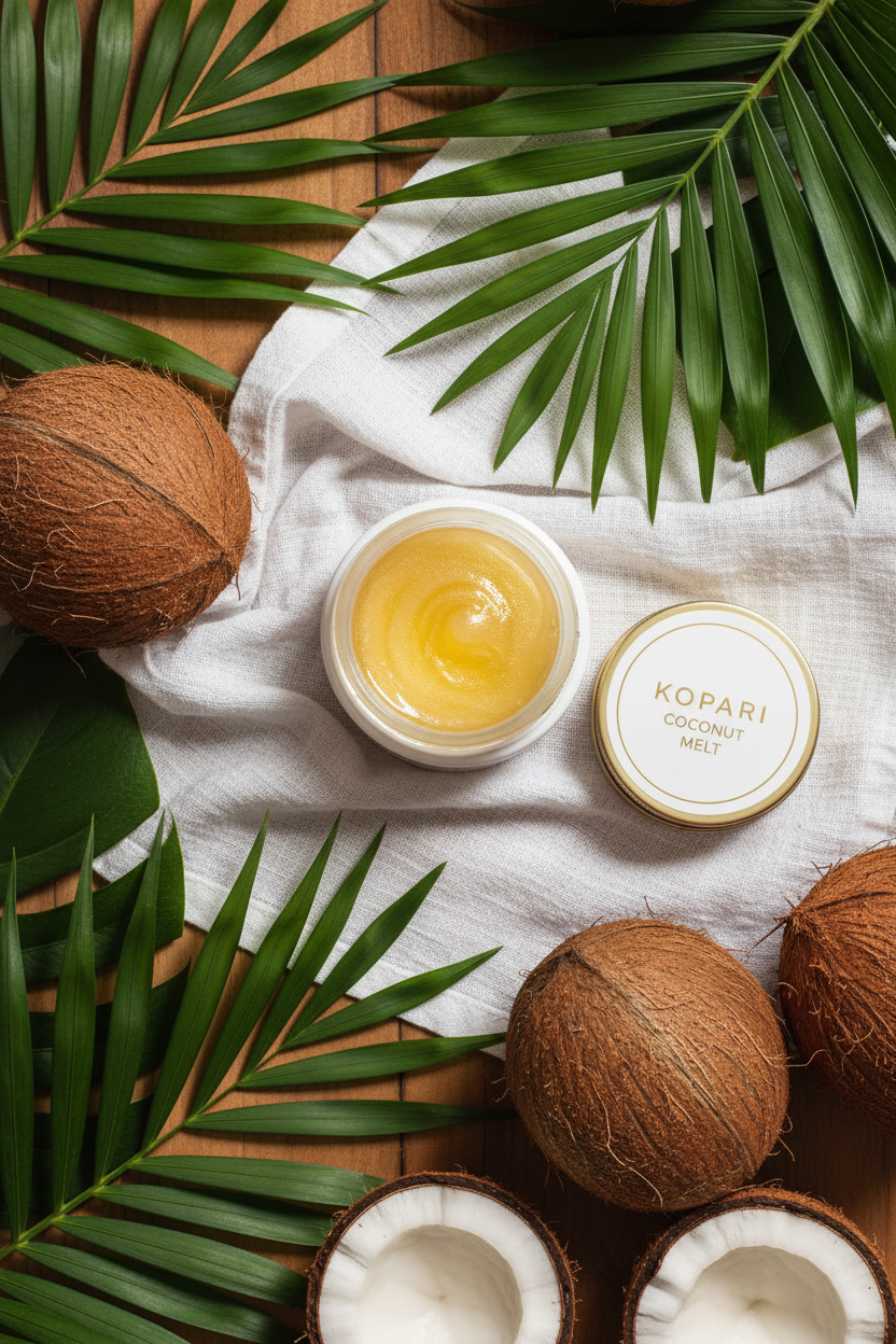 Kopari Coconut Melt organic coconut oil in a white jar surrounded by fresh coconuts and tropical greenery on a natural wood surface