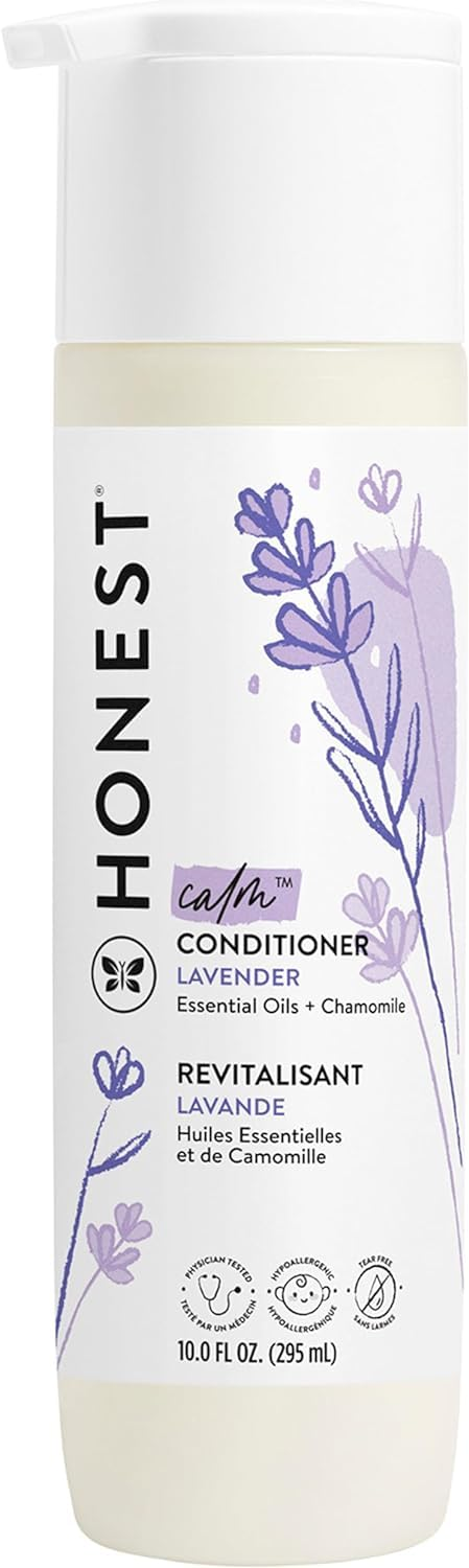 The Honest Company Calm Conditioner Lavender Essential Oils and Chamomile 10 fl oz white bottle with purple lavender floral design, hypoallergenic tear-free
