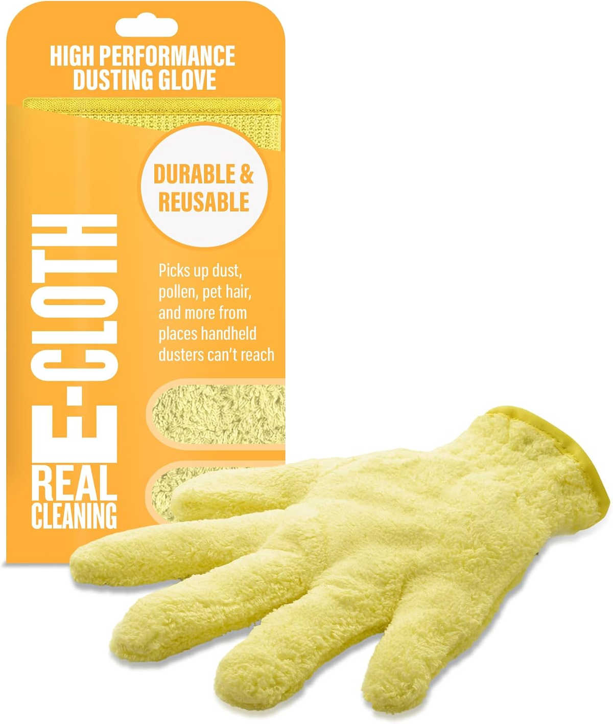 Yellow E-Cloth High Performance Dusting Glove beside its orange packaging on a white background.