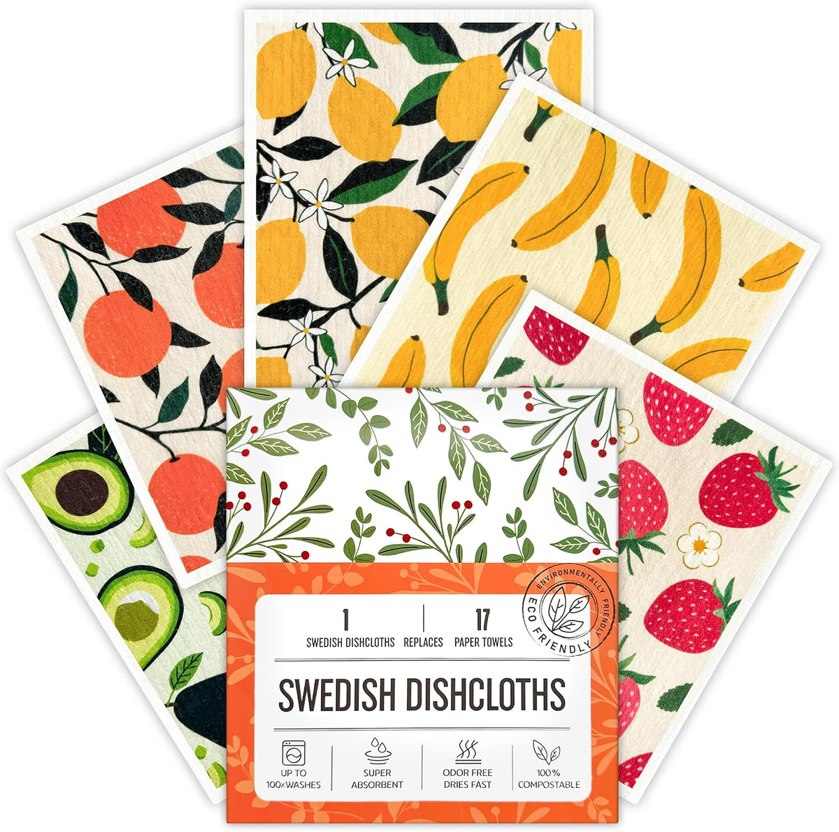 Set of 5 Swedish dishcloths in fruit-inspired patterns including lemons, bananas, strawberries, oranges, and avocados — eco-friendly, compostable, reusable kitchen cleaning cloths