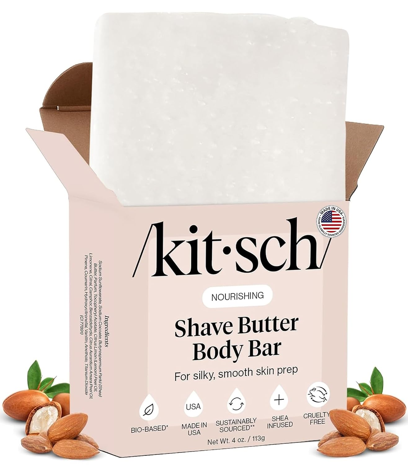 Kitsch Shave Butter Body Bar open box showing nourishing white shave soap bar with argan nuts, bio-based, made in USA, shea infused and cruelty-free
