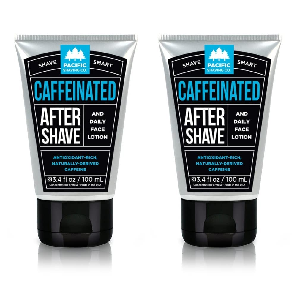 Pacific Shaving Co Caffeinated Aftershave and Daily Face Lotion 2-pack tubes on white background — naturally-derived caffeine antioxidant formula 3.4 oz each