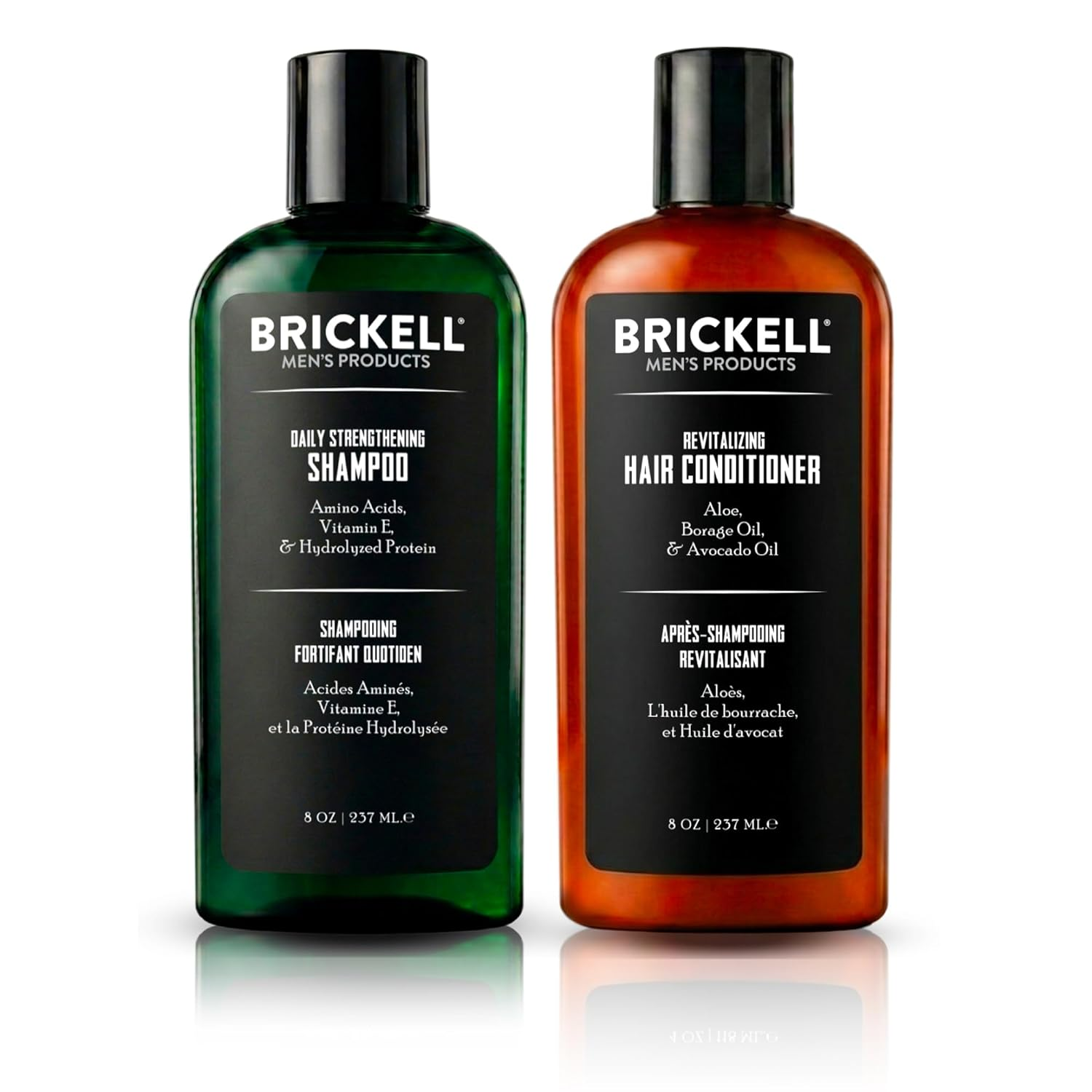 Brickell Men's Products Daily Strengthening Shampoo and Revitalizing Hair Conditioner gift set — two bottles on white background, sulfate-free and paraben-free clean haircare for men