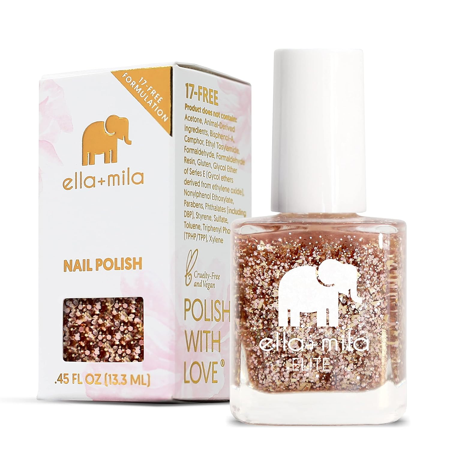 ella+mila Drippin' Gold nail polish bottle filled with chunky rose gold glitter beside its 17-free formulation box, 0.45 fl oz, vegan and cruelty-free