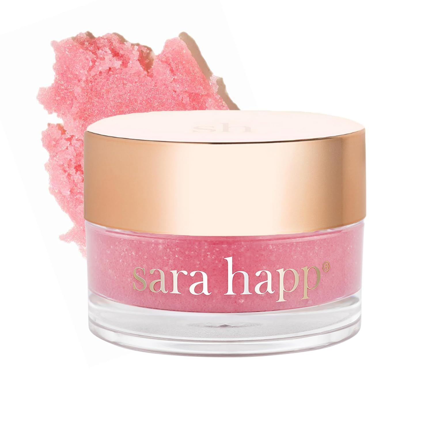 Sara Happ The Lip Scrub Pink Grapefruit vegan sugar lip scrub jar with gold lid and pink scrub texture swatch on white background