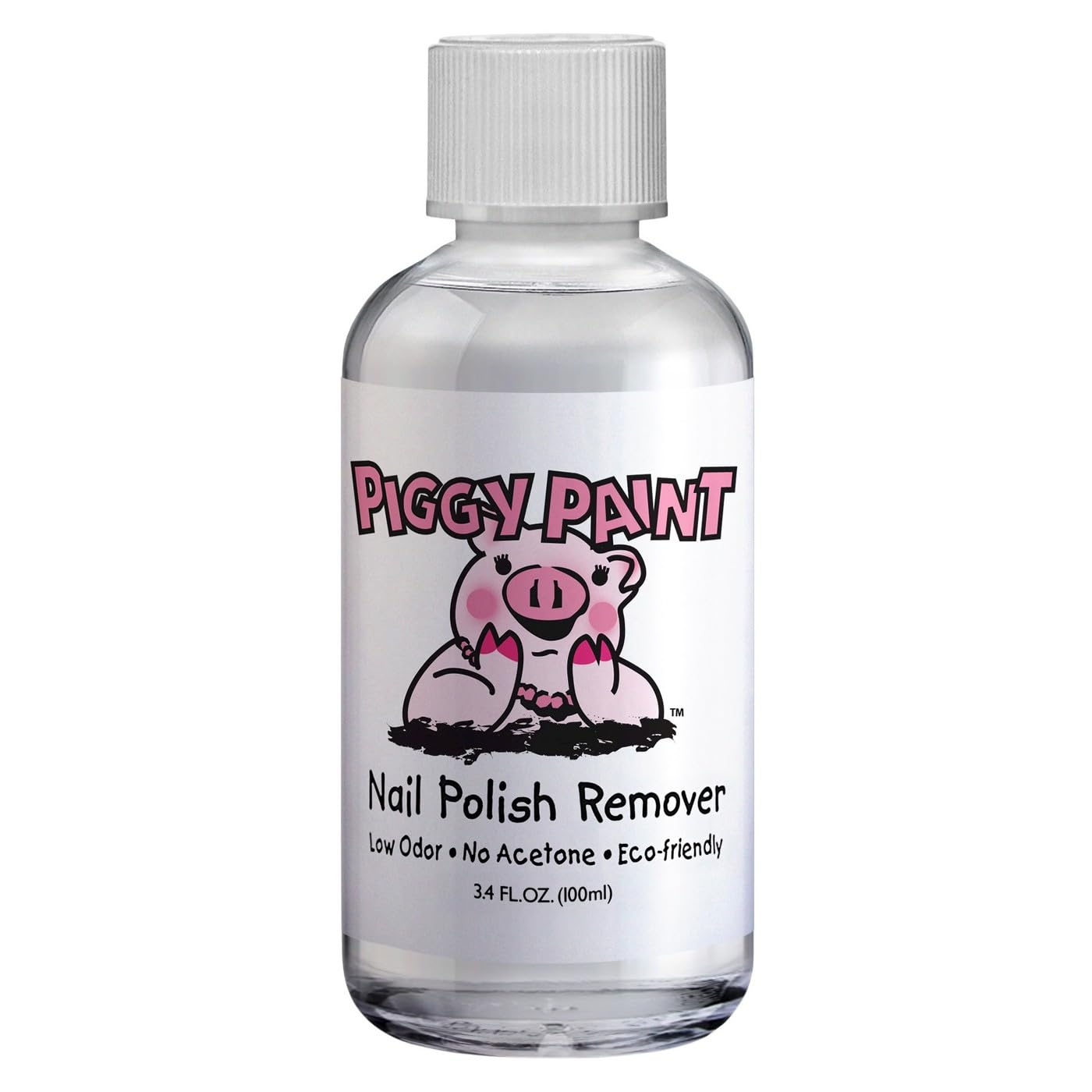 Piggy Paint Nail Polish Remover 3.4 fl oz clear bottle with white label, acetone-free low odor formula safe for kids with aloe vera and vitamin E