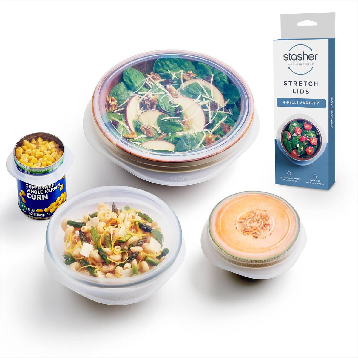 Stasher reusable platinum silicone stretch lids variety 4-pack in clear covering bowls and jars on white background