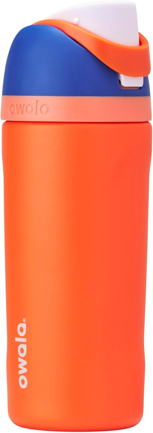 Owala FreeSip Kids 16 oz stainless steel water bottle in Blue Citrus orange and blue colorway