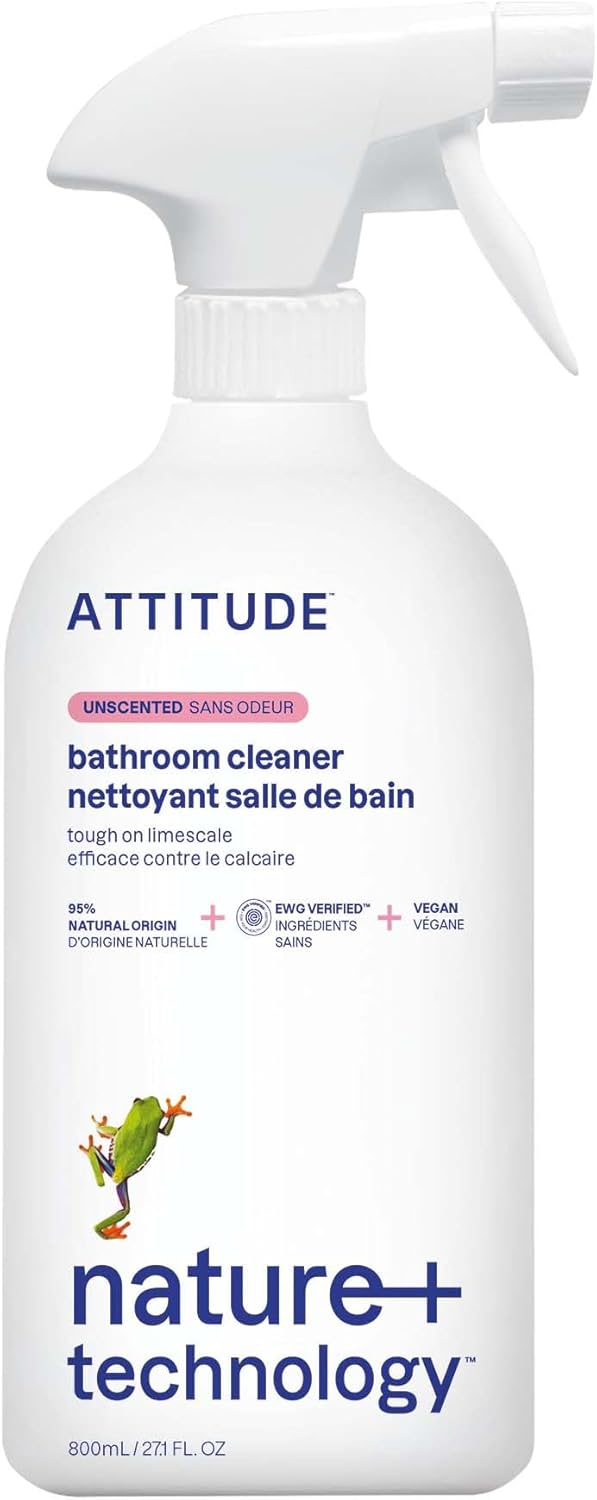 ATTITUDE Bathroom Cleaner Spray 27.1 fl oz, EWG Verified, 95% natural origin ingredients, plant-based and vegan, unscented, tough on limescale, safe for tiles tubs and grout