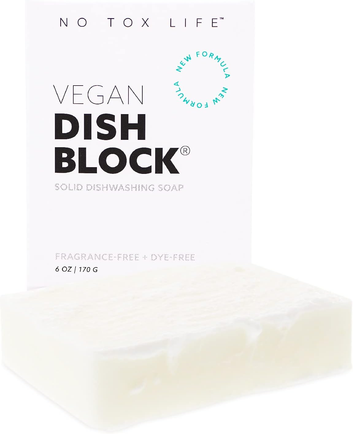 NO TOX LIFE vegan DISH BLOCK fragrance-free and dye-free solid dish soap, 6 oz, with package on a white background
