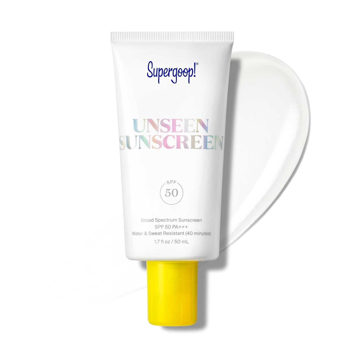 Supergoop! Unseen Sunscreen SPF 50 white tube with yellow cap on white background with cream texture swatch