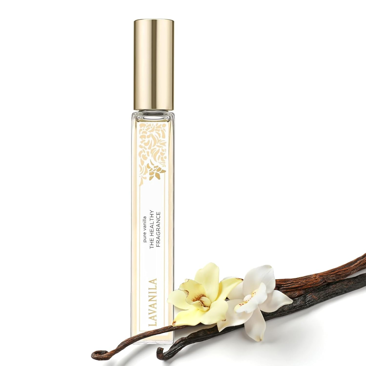 Lavanila Pure Vanilla Perfume rollerball — clear glass bottle with gold cap, vanilla bean and white flower, The Healthy Fragrance, 0.32 fl oz