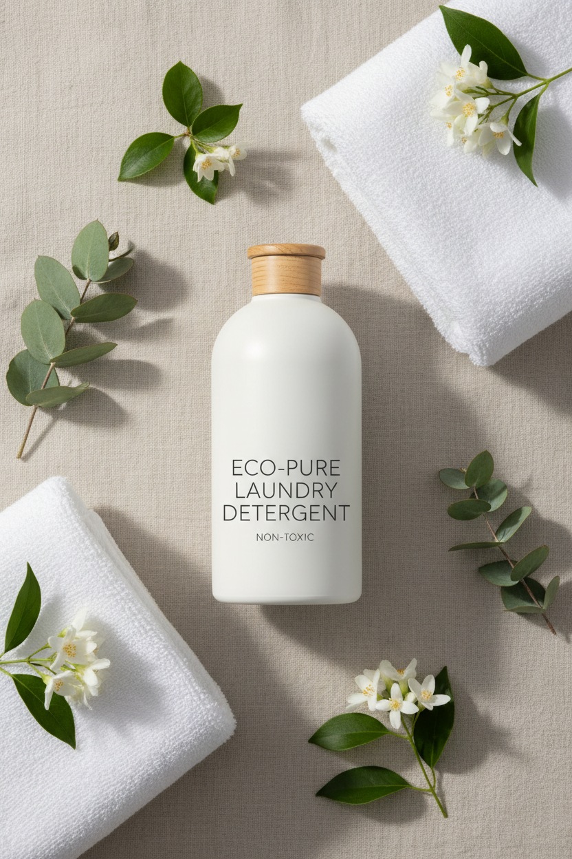 Seventh Generation Free & Clear Concentrated Laundry Detergent with white cotton towels and botanical leaves on natural linen surface