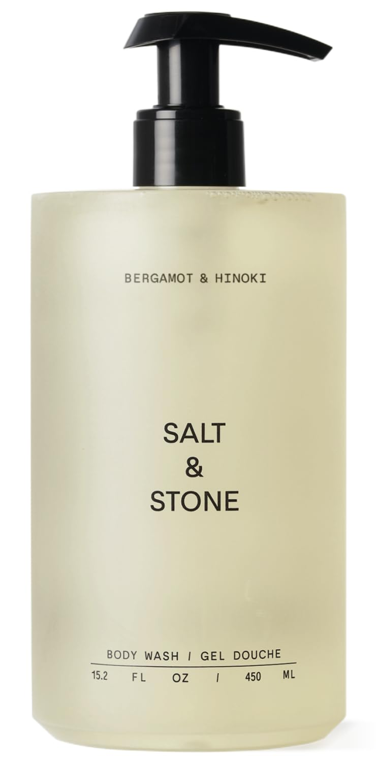 Salt & Stone Bergamot & Hinoki Body Wash — clean, sulfate-free, paraben-free antioxidant body wash in minimalist cream pump bottle, 15.2 fl oz