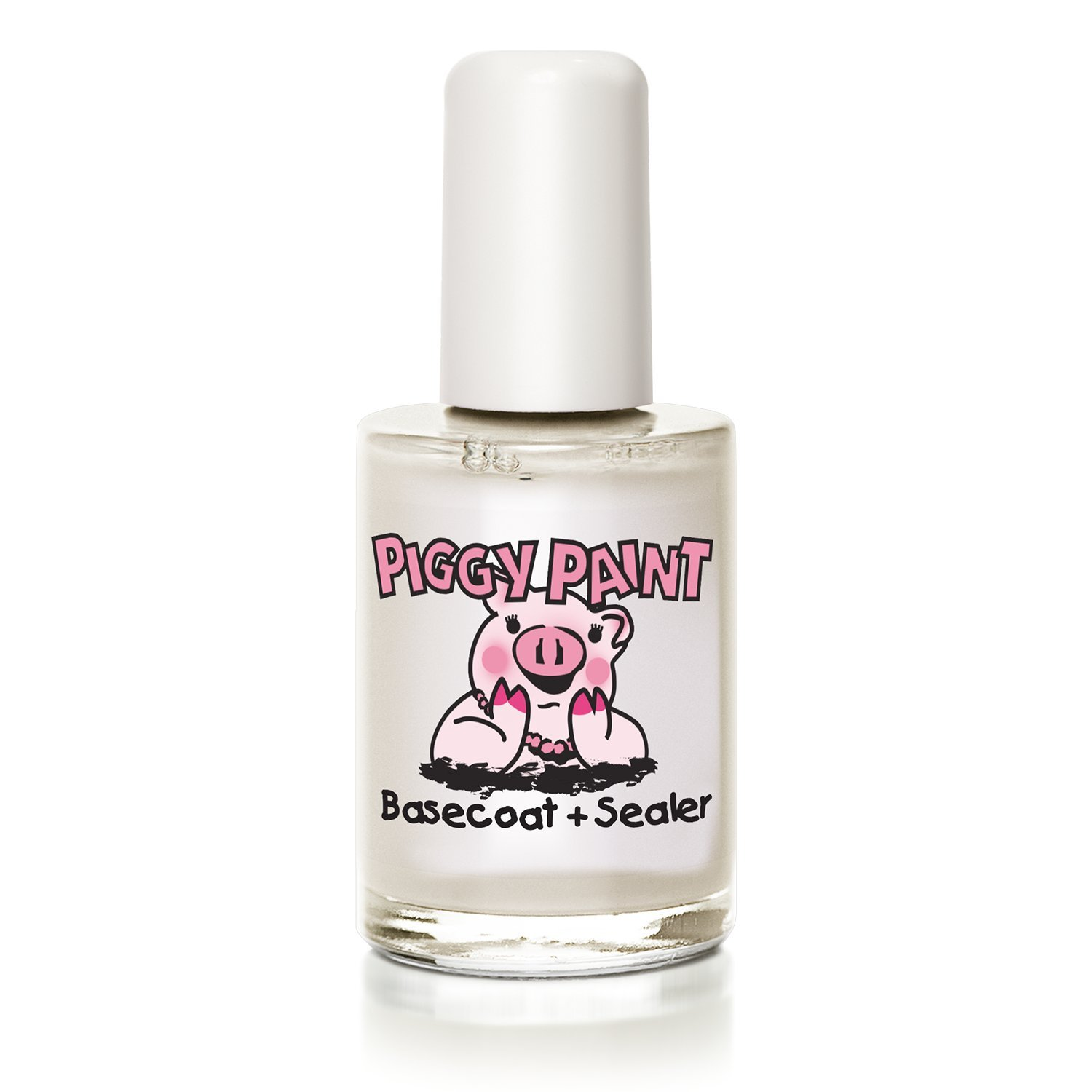 Piggy Paint Base Coat and Sealer clear nail polish bottle with white cap and pink Piggy Paint logo, 0.5 fl oz, chip-resistant low odor formula safe for kids