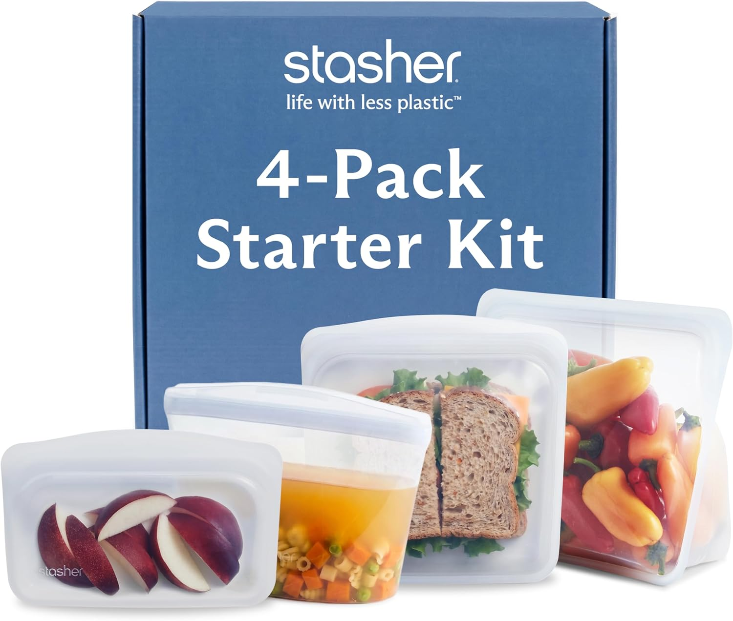 Stasher premium reusable silicone food storage bags 4-pack starter kit with sandwich snack stand-up and bowl in clear on white background