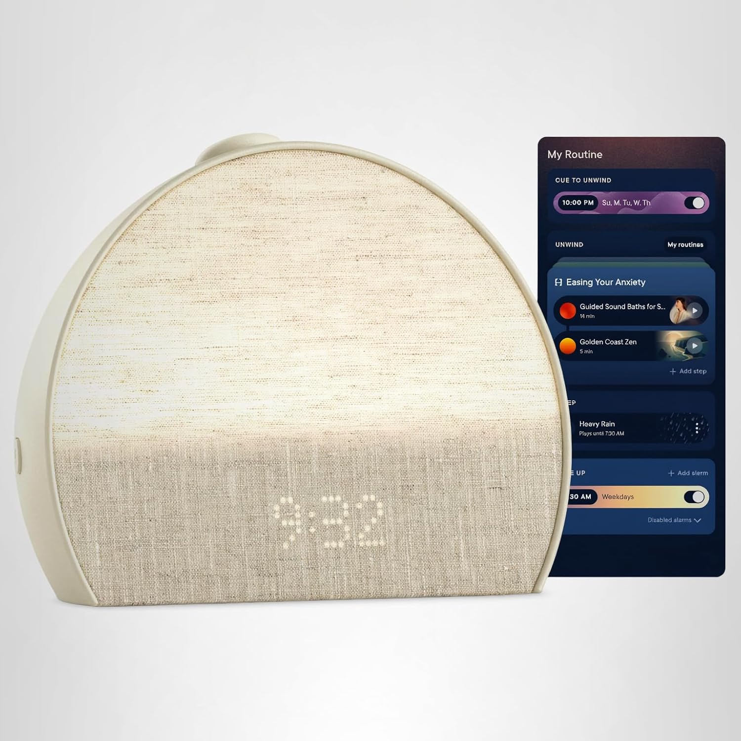 Hatch Restore 3 Sunrise Alarm Clock in putty, showing smart light glow and sleep routine app on screen — white noise sound machine for adults