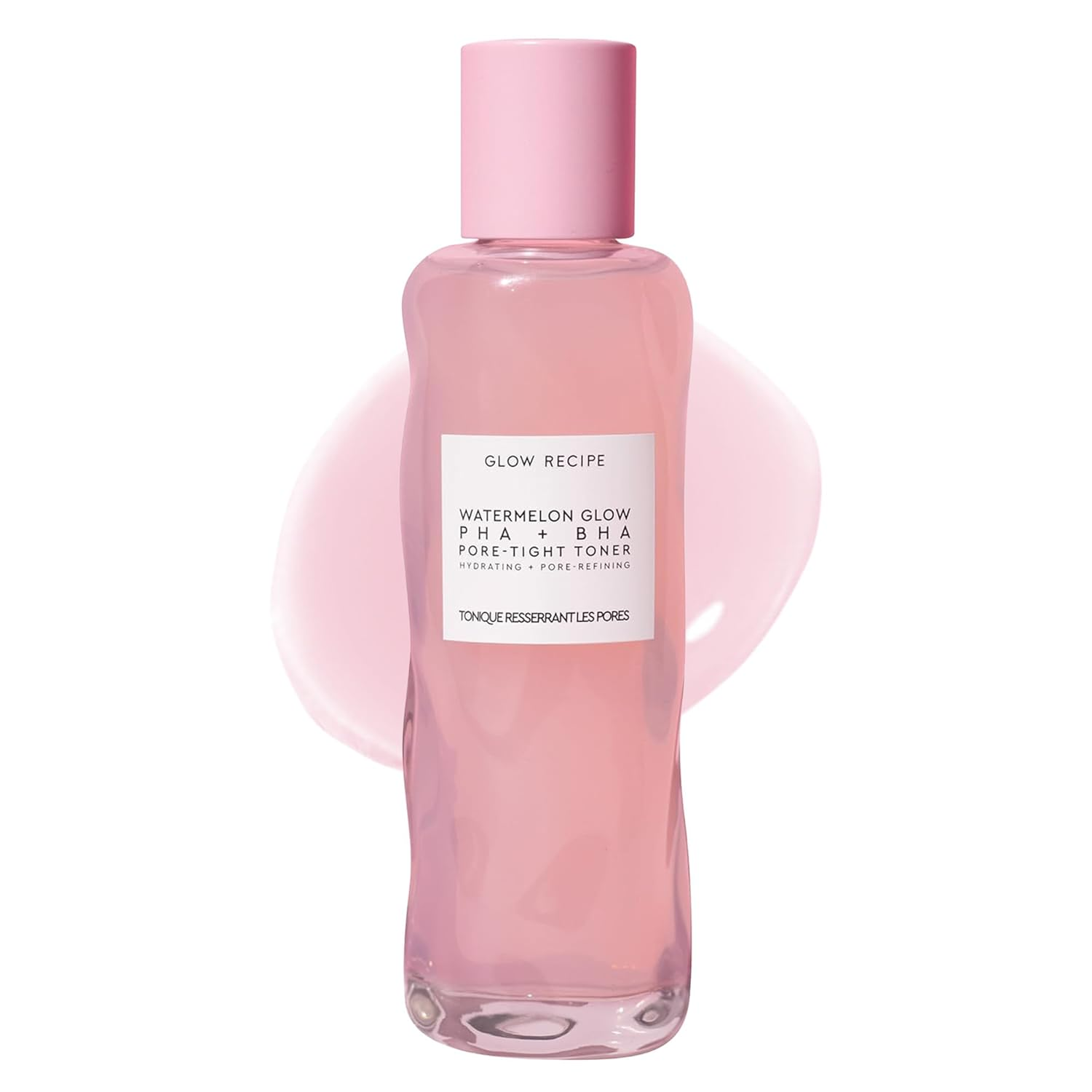 Glow Recipe Watermelon Glow PHA + BHA Pore-Tight Toner in a pink glass bottle with pink cap on a white background
