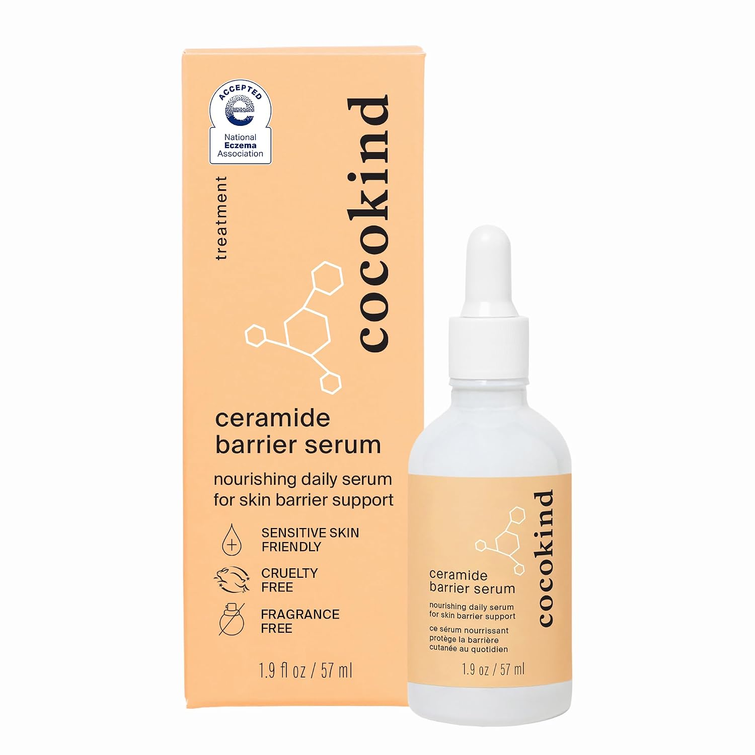 Cocokind Ceramide Barrier Serum 2oz white dropper bottle next to warm peach box packaging showing National Eczema Association accepted seal, sensitive skin friendly, cruelty free, fragrance free