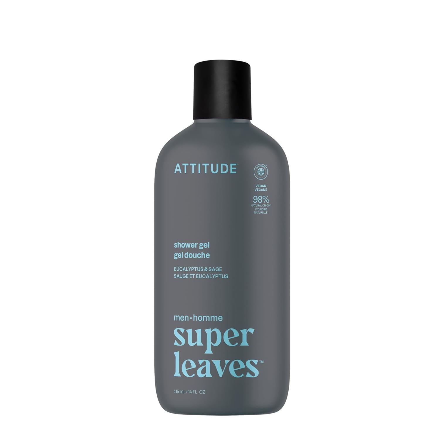 ATTITUDE Super Leaves Shower Gel Body Wash for Men in dark grey bottle with black cap — Eucalyptus & Sage scent, EWG Verified, 14 fl oz, on white background