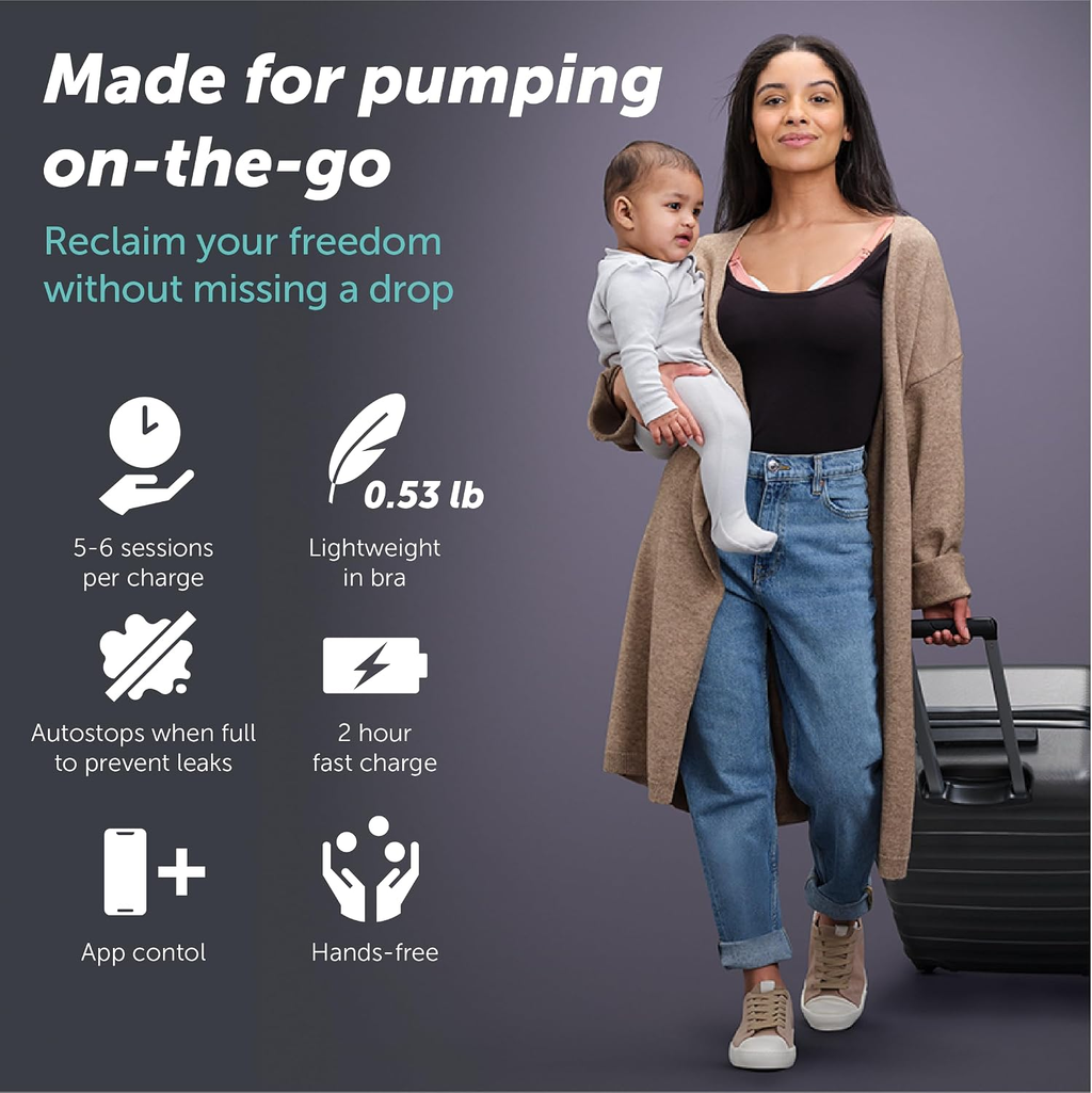 Elvie breast pump lifestyle infographic — 5-6 sessions per charge, 0.53 lb, hands-free, app control, autostops when full