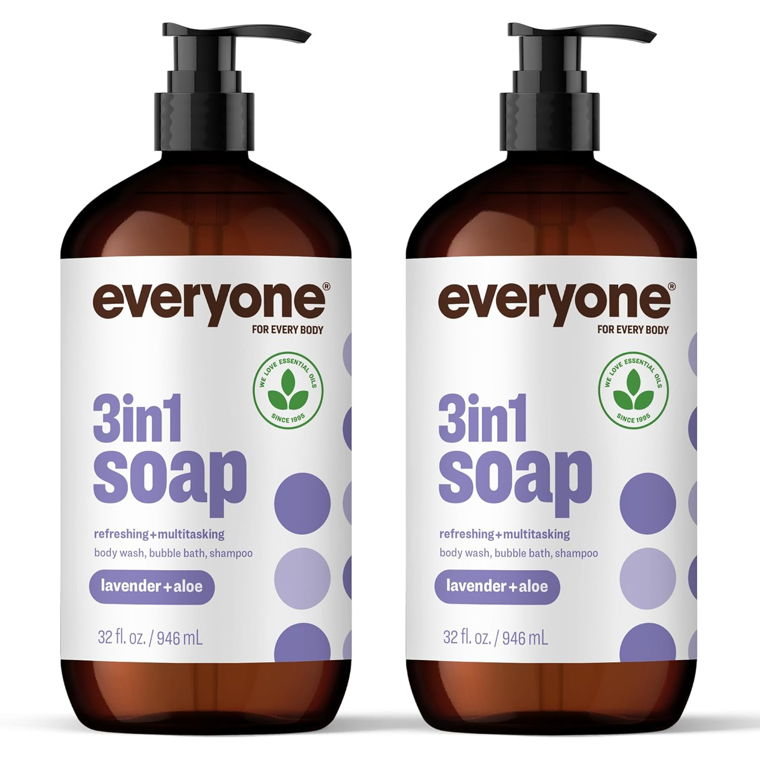Everyone 3-in-1 Soap Lavender + Aloe 32oz Pack of 2 — EWG Safer Chemicals verified plant-based body wash bubble bath and shampoo