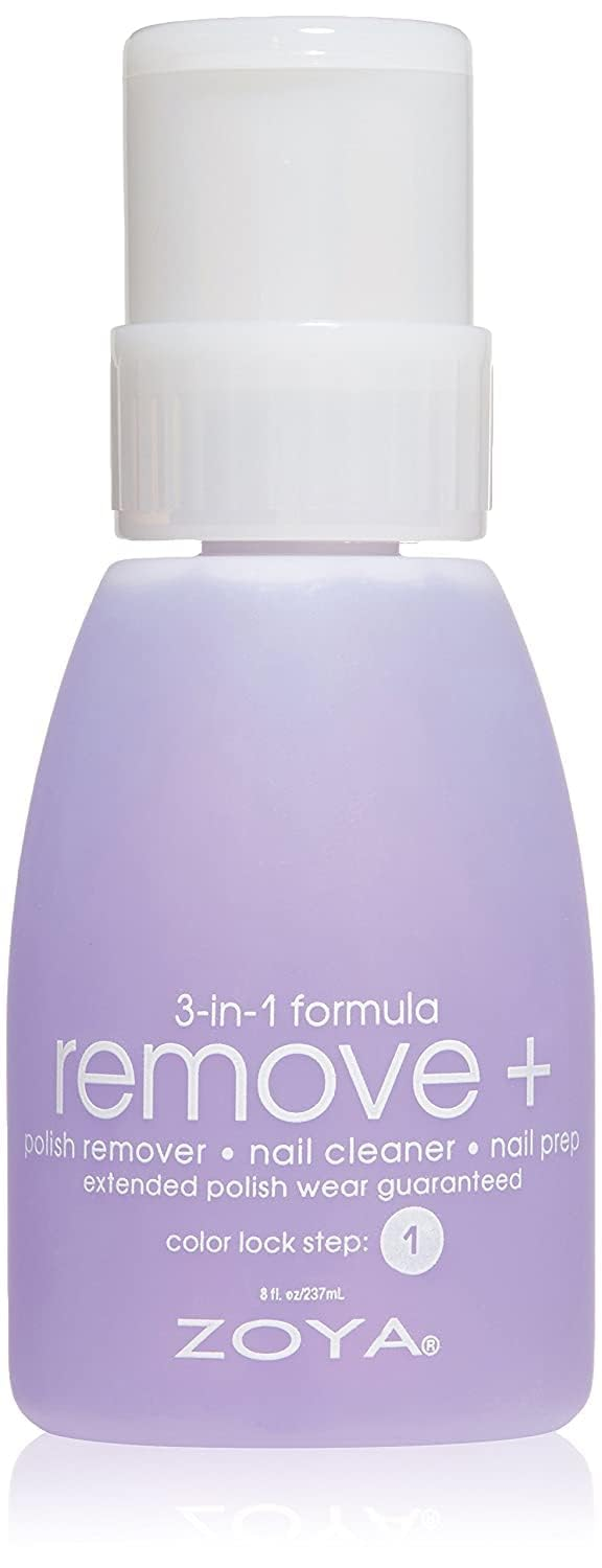 Zoya Remove Plus 3-in-1 nail polish remover in lavender flip-top bottle, acetone-free Big10Free award-winning formula, 8 fl oz on white background