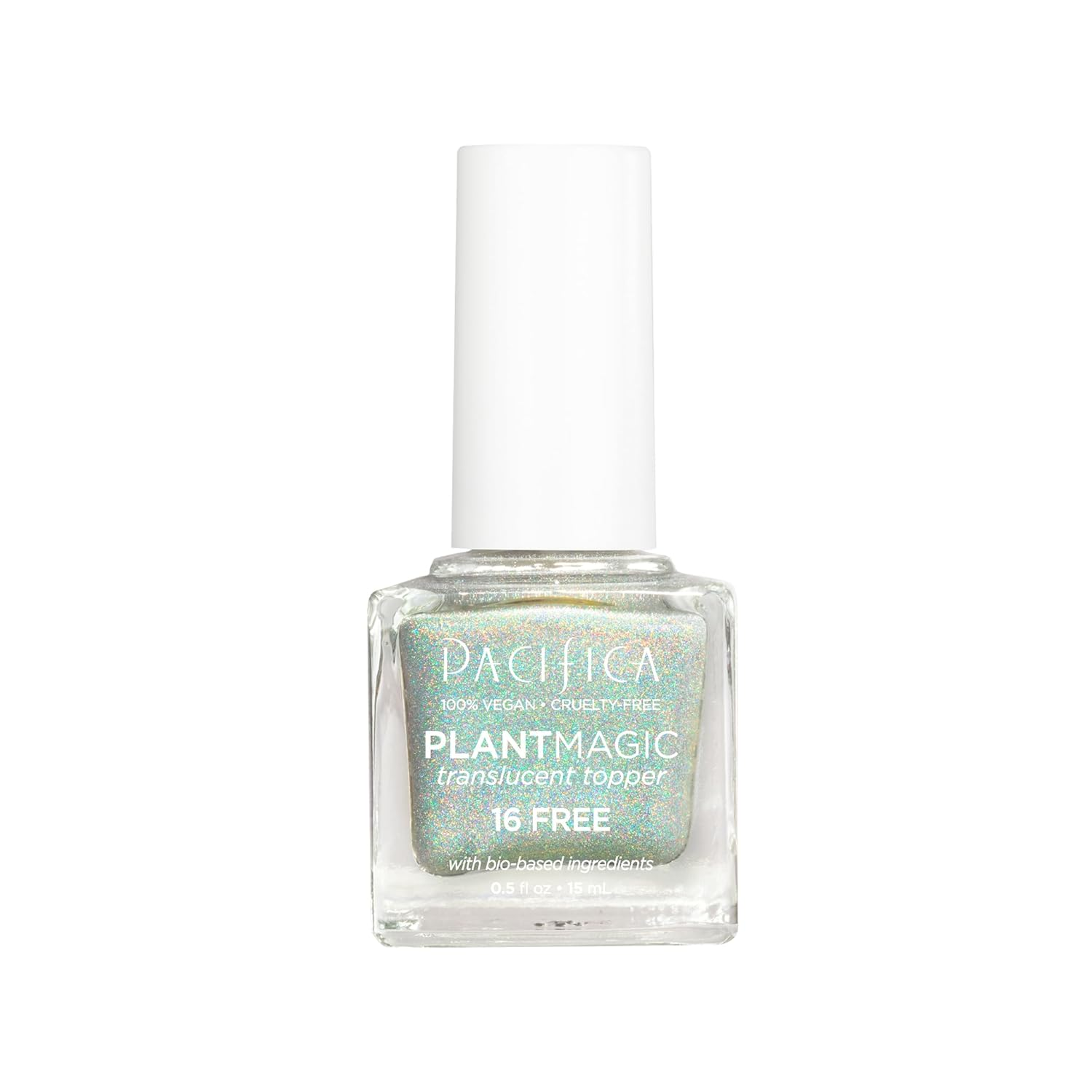 Pacifica Plant Magic Glitter Rainbow Base nail polish bottle with translucent glitter shimmer finish, 16-free vegan formula, 0.5 fl oz