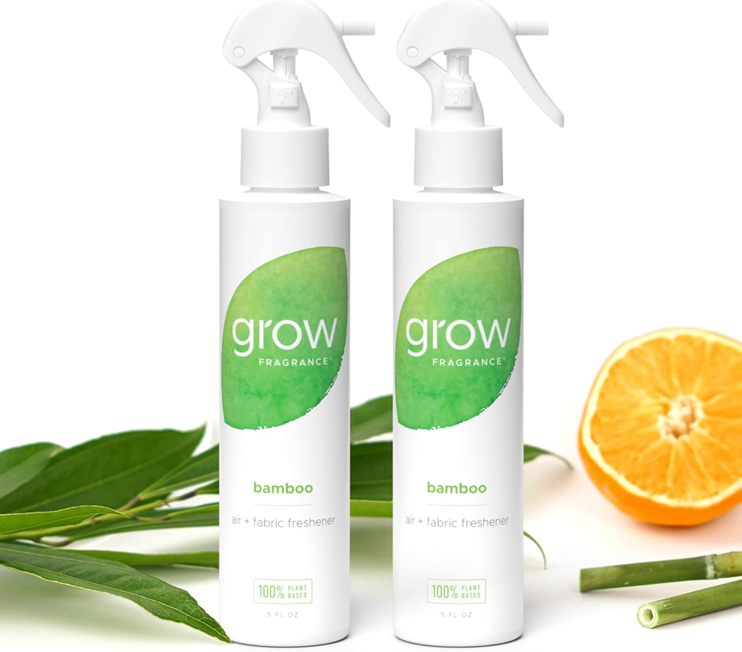 Grow Fragrance Bamboo Air and Fabric Freshener Spray 2-Pack – Certified Non-Toxic 100% Plant-Based Essential Oils, white bottles with green leaf logo, orange and bamboo leaves on white background
