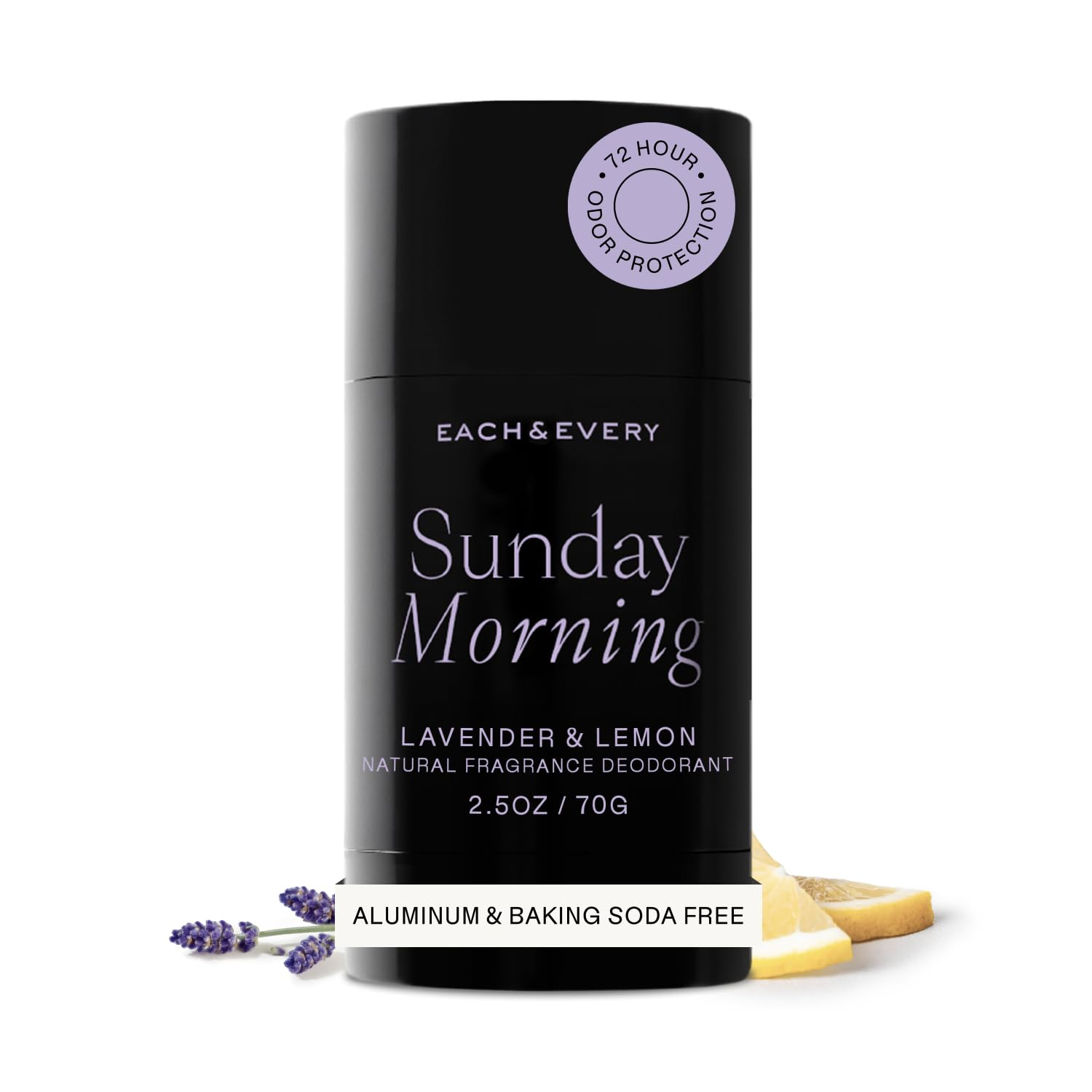 Each & Every Sunday Morning Aluminum Free Deodorant in sleek black tube with silver serif typography, Lavender & Lemon Natural Fragrance, 72-Hour Odor Protection badge, styled with fresh lavender sprigs and lemon slices on a white background.