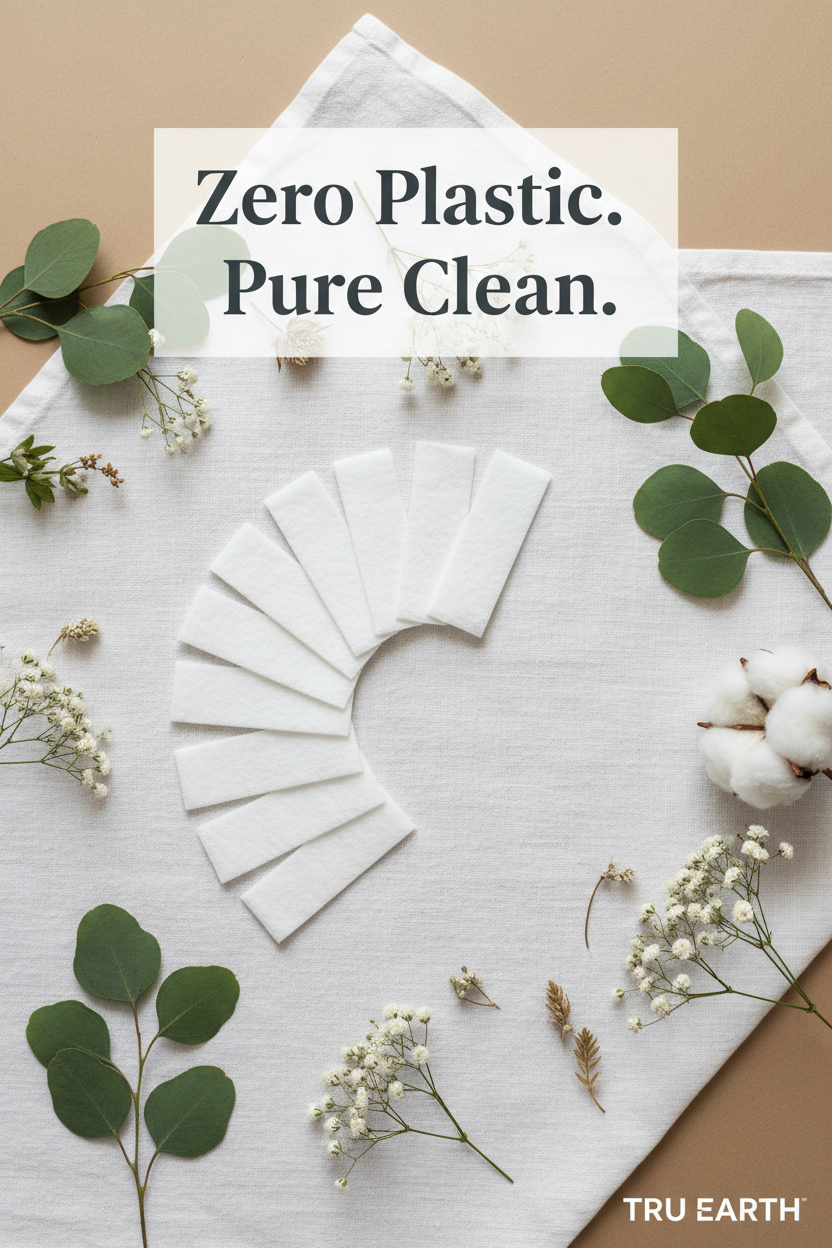 Tru Earth Laundry Strips fanned out on white linen surrounded by eucalyptus and white flowers — zero-waste, plastic-free, hypoallergenic laundry strips for the whole family.