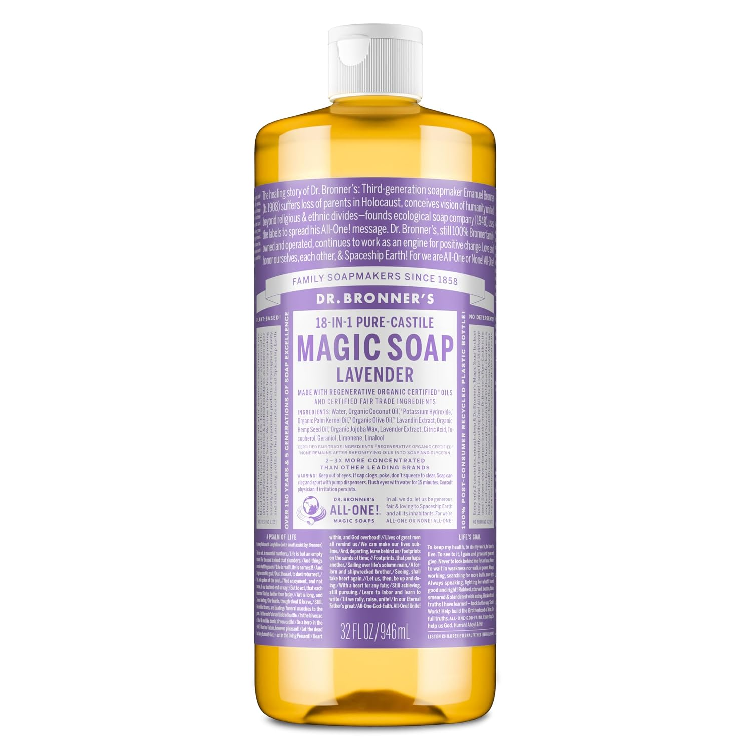 Dr. Bronner's Pure-Castile Magic Liquid Soap Lavender 32oz — regenerative organic certified fair trade vegan 18-in-1 uses