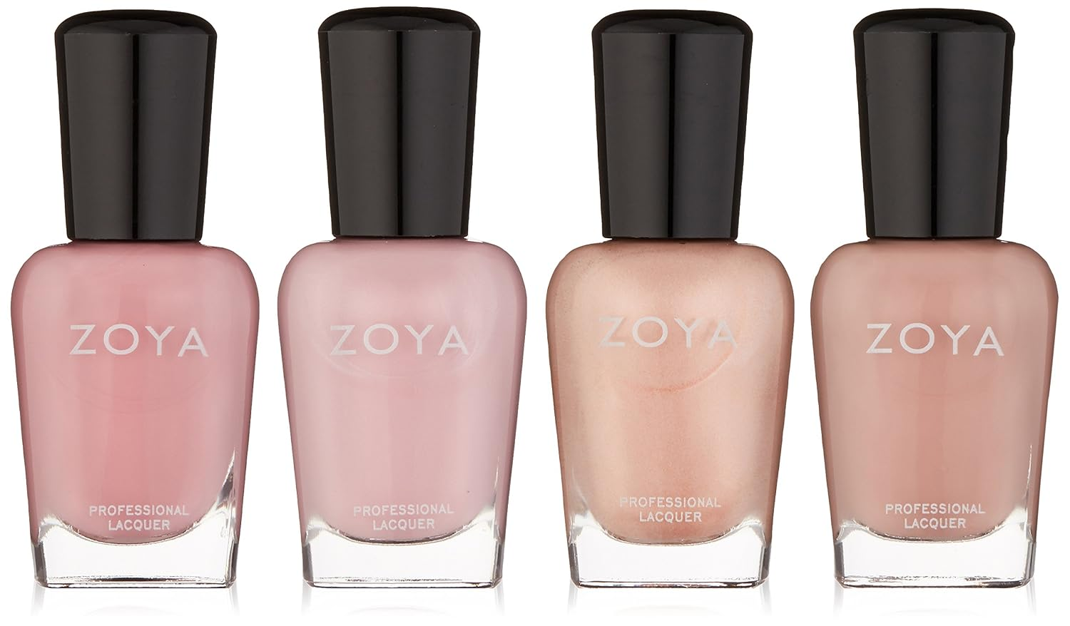 Zoya Polish Quad set of four nude and blush long-wear cream nail polishes in professional lacquer bottles on white background, Big12Free vegan formula