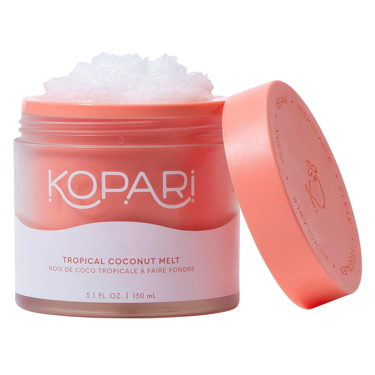 Kopari Tropical Coconut Melt open jar 5.1 fl oz 150ml, vegan, alcohol-free, clean 8-in-1 organic coconut oil skin and hair treatment on white background