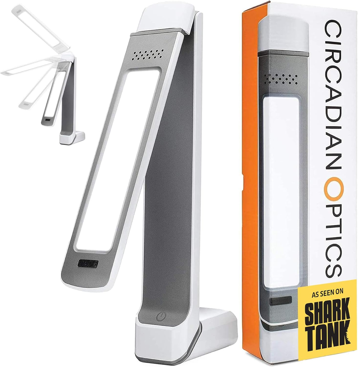 Circadian Optics Lumos 10,000 Lux Light Therapy Lamp in white and grey — As Seen on Shark Tank, shown with packaging on white background