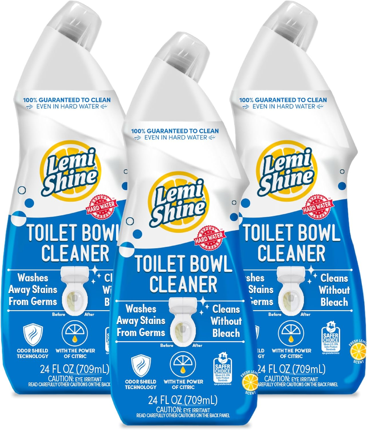 Three bottles of Lemi Shine Fresh Lemon Toilet Bowl Cleaner, 24 fluid ounces each, on a white background.