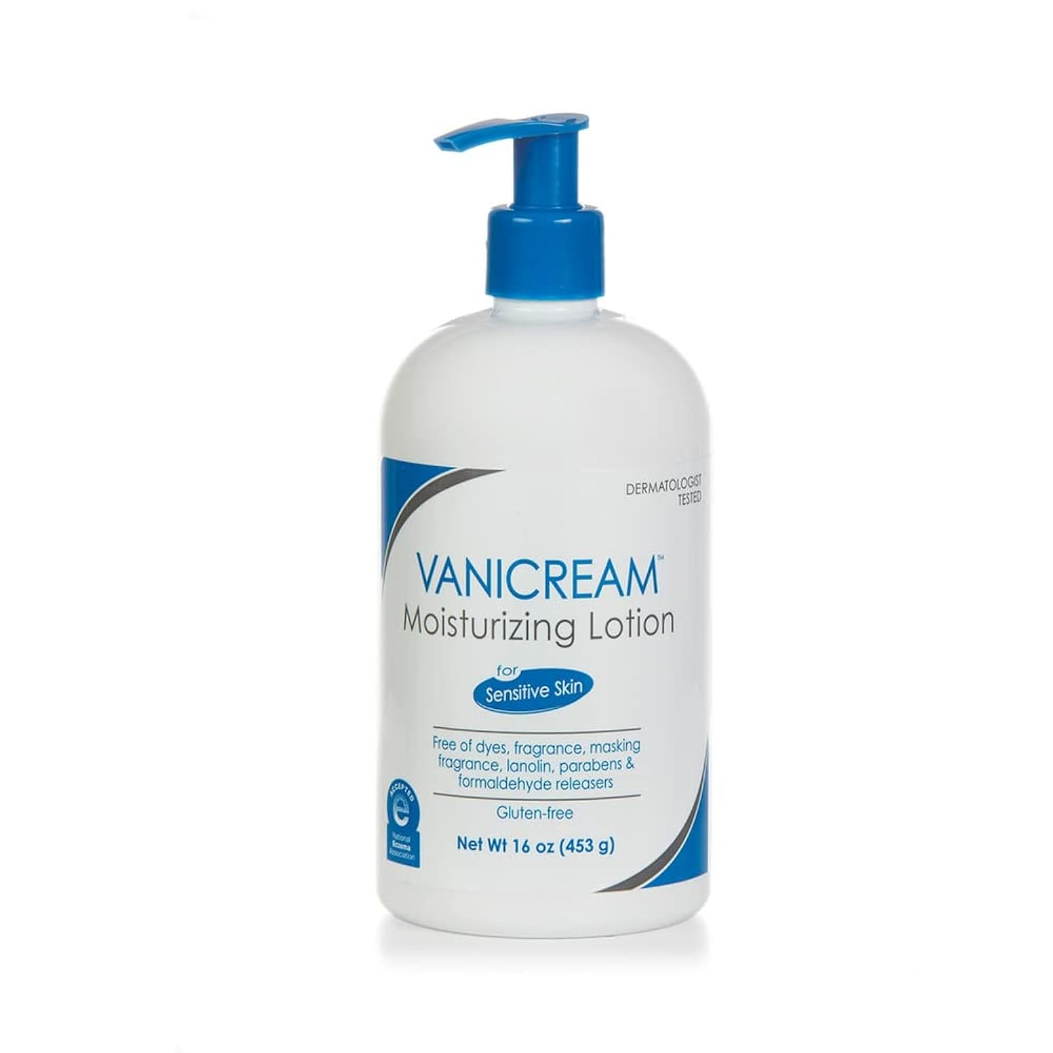 Vanicream Moisturizing Lotion for Sensitive Skin 16 oz pump bottle — dermatologist tested, fragrance-free, dye-free, National Eczema Association Seal of Acceptance, white background