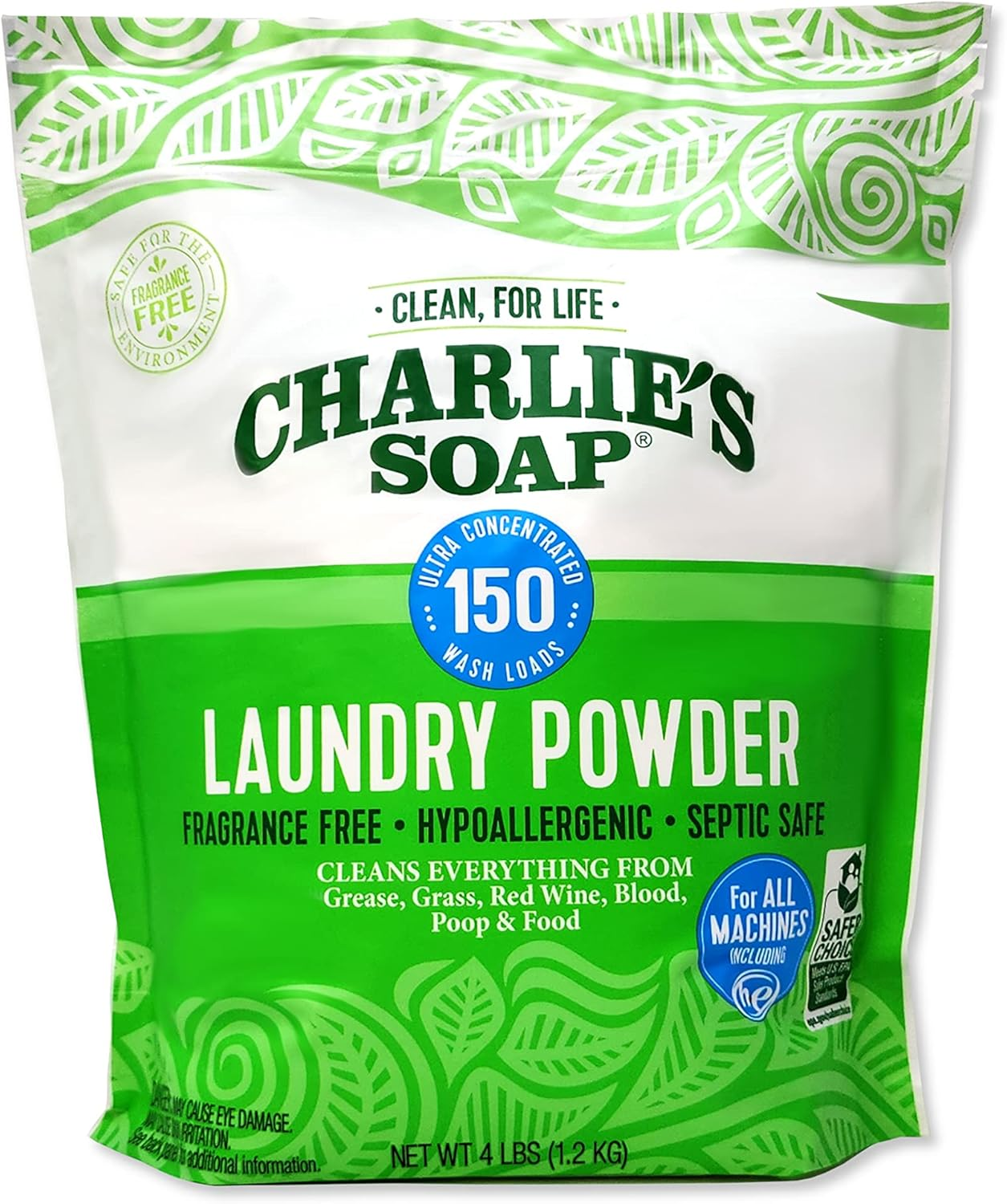 Charlie's Soap Laundry Powder 4 lb bag, 150 wash loads, fragrance-free, hypoallergenic, septic safe, ultra concentrated — non-toxic clean laundry detergent on white background