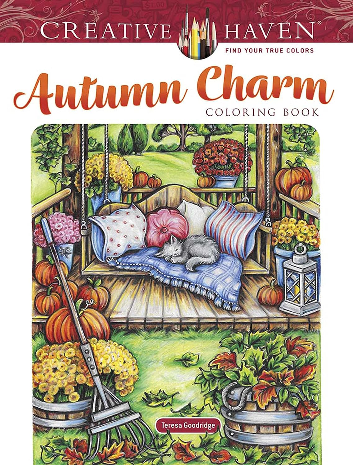Creative Haven Autumn Charm Coloring Book by Teresa Goodridge — cover featuring a cozy porch swing, pumpkins, and fall foliage