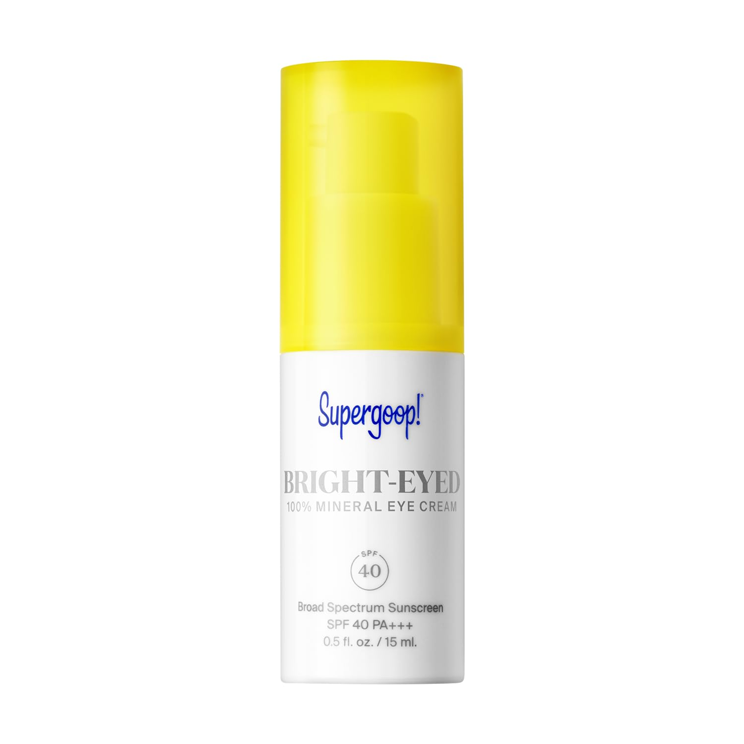 Supergoop! Bright-Eyed 100% Mineral Eye Cream SPF 40 bottle on white background — clean broad spectrum mineral SPF 40 eye cream for dark circles and sun protection